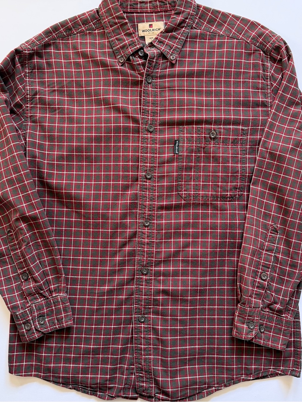 Woolrich Large Red Plaid Check Button Down Shirt 100% Cotton Long Sleeve